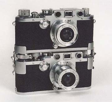 Photograph of two Leica IIIc cameras: fastened together one on top of the other!